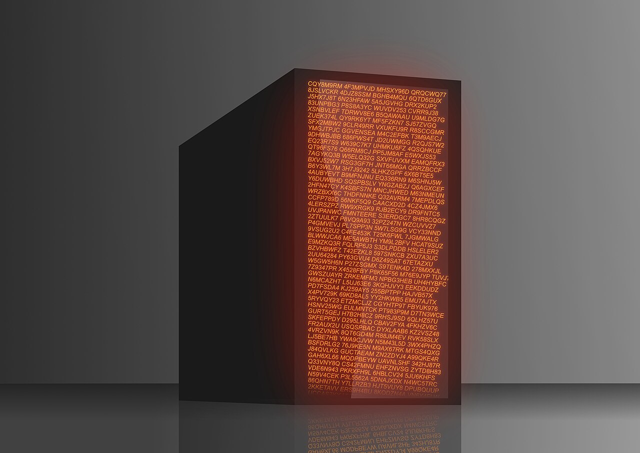 A glowing translucent cube displaying lines of computer code, representing cloud storage
